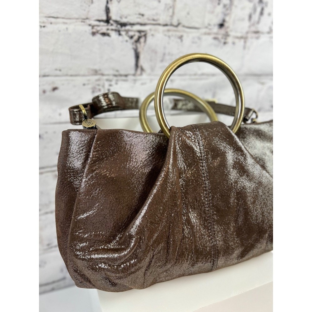 Hobo Brown Leather Metallic‎ Ring Handle Shoulder Bag Purse - Picture 7 of 12